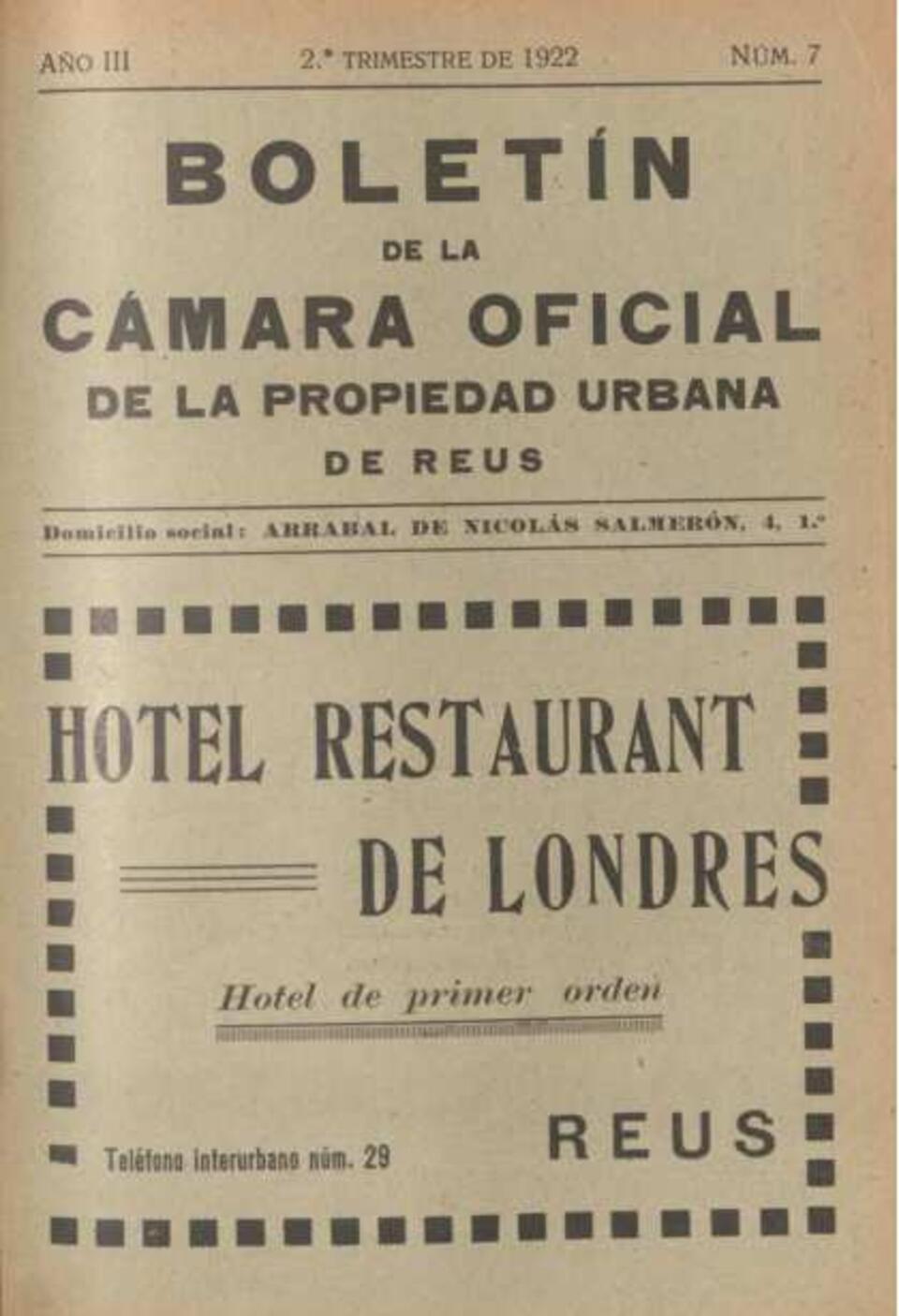 Boletín de la Cámara Oficial de la Propiedad Urbana de la Comarca de Reus, #7, 1/6/1922 [Issue]