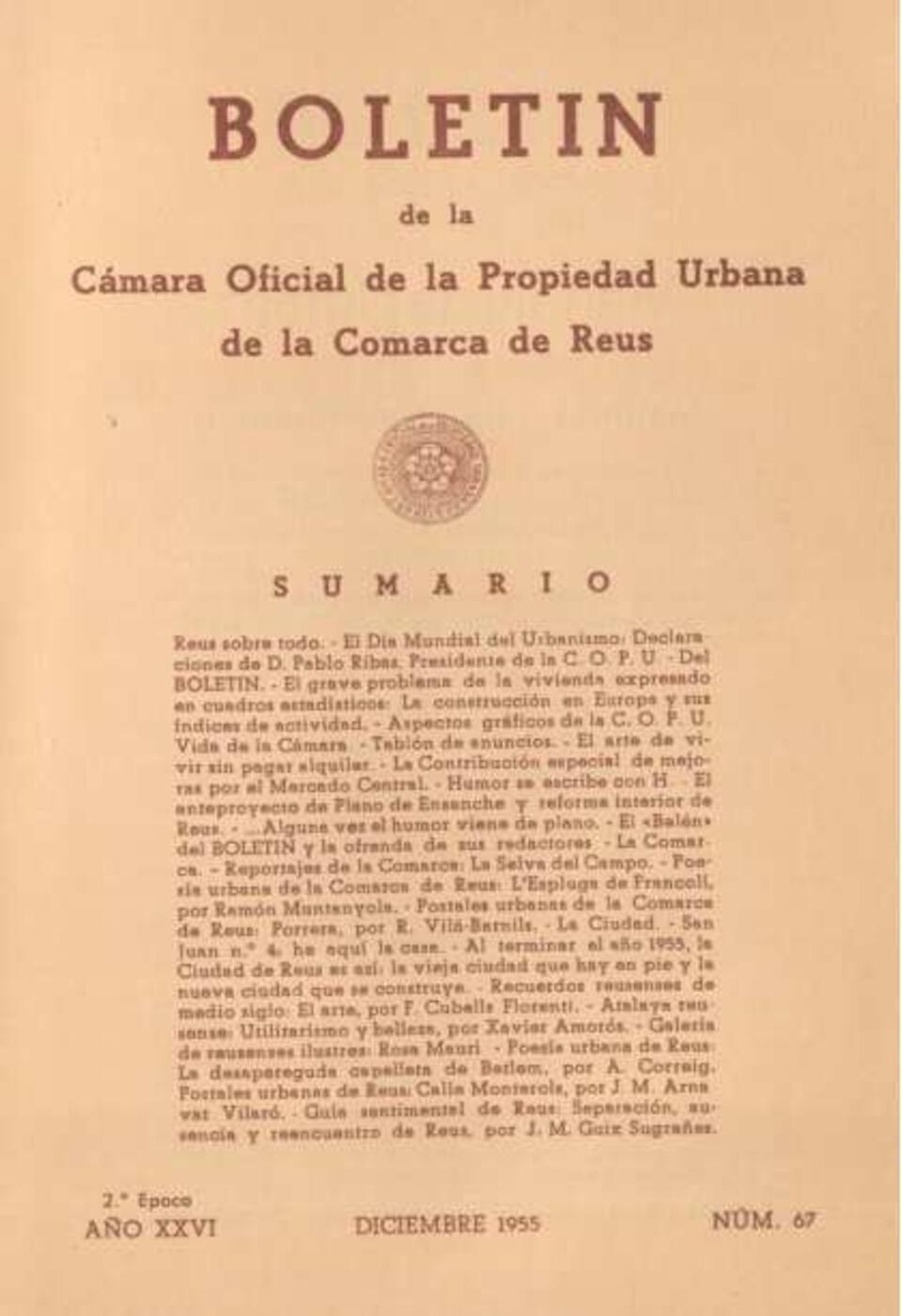 Boletín de la Cámara Oficial de la Propiedad Urbana de la Comarca de Reus, #67, 1/12/1955 [Issue]
