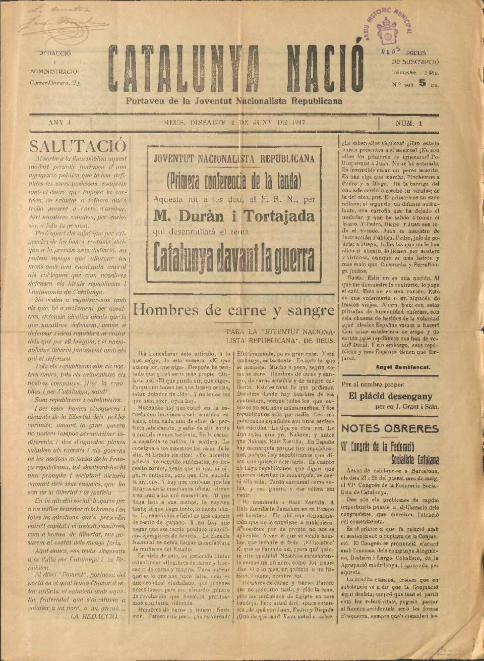 Catalunya Naci&oacute;, n&uacute;m. 1, 2/6/1917 [Exemplar]