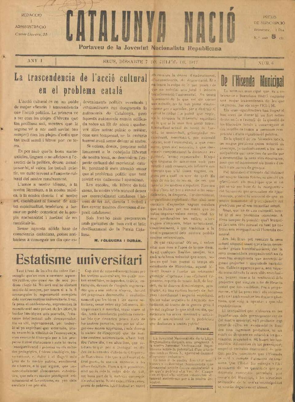 Catalunya Naci&oacute;, n&uacute;m. 6, 7/7/1917 [Exemplar]
