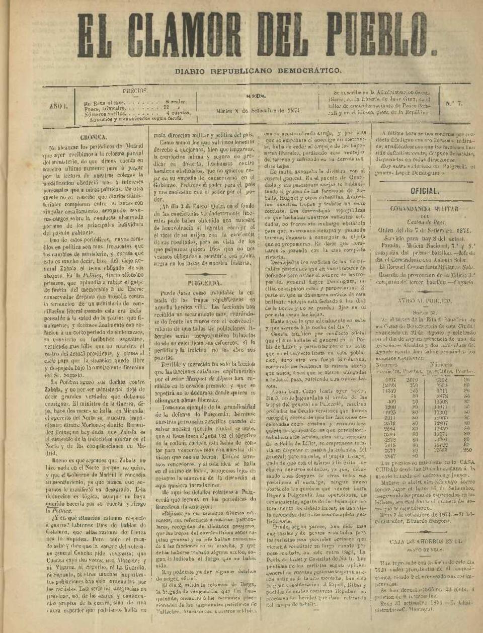 El Clamor del pueblo, n&uacute;m. 7, 8/9/1874 [Exemplar]