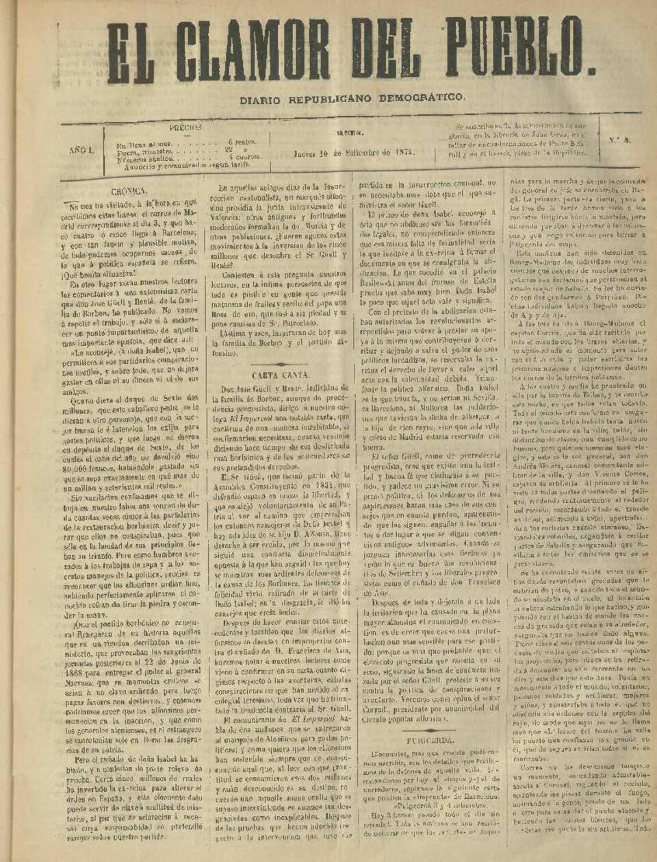 El Clamor del pueblo, n&uacute;m. 8, 10/9/1874 [Exemplar]