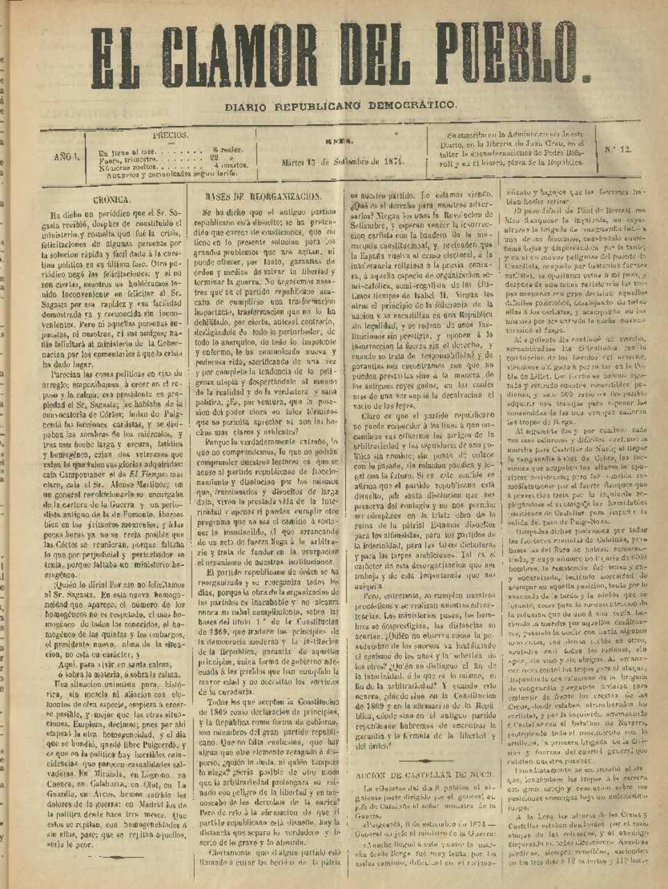 El Clamor del pueblo, n&uacute;m. 12, 15/9/1874 [Exemplar]
