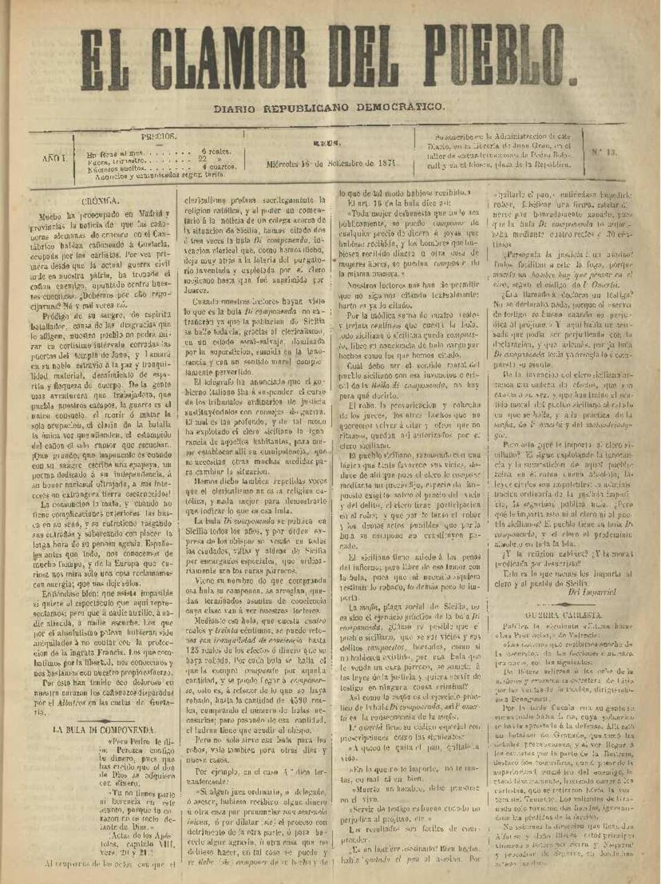 El Clamor del pueblo, n&uacute;m. 13, 16/9/1874 [Exemplar]