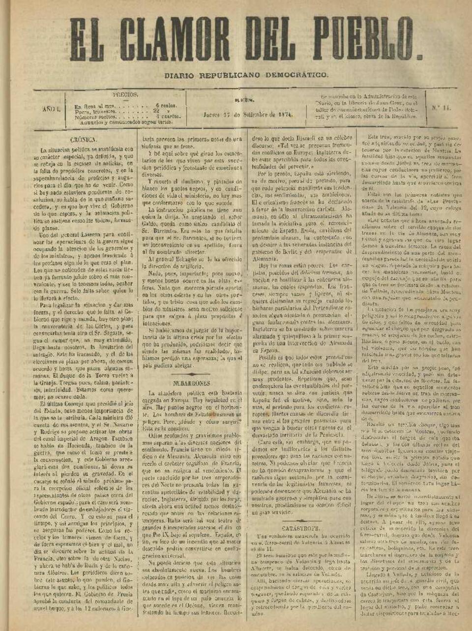 El Clamor del pueblo, n&uacute;m. 14, 17/9/1874 [Exemplar]