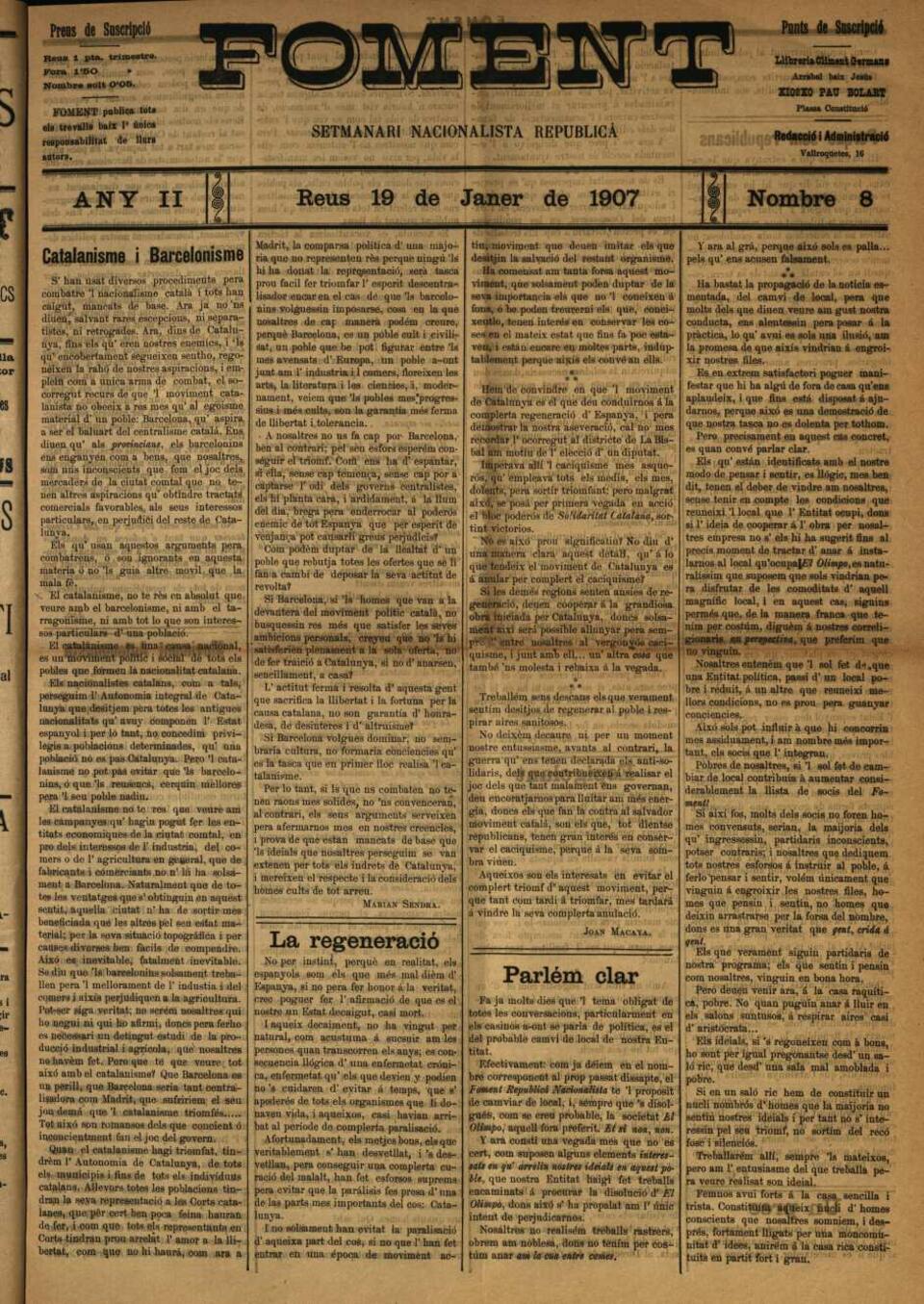 Foment, n&uacute;m. 8, 19/1/1907 [Exemplar]
