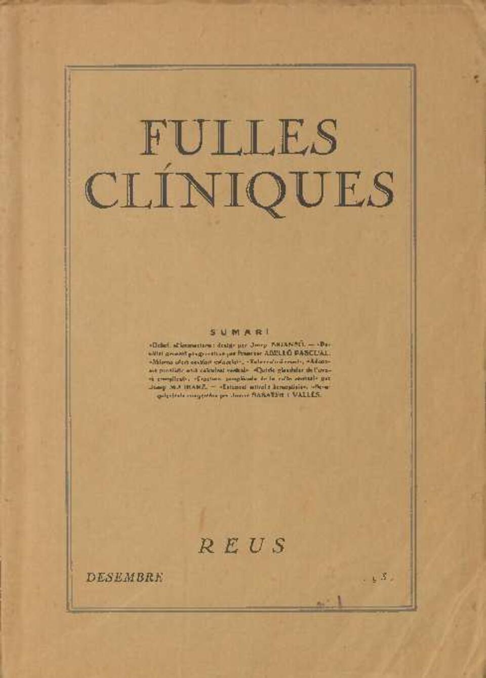 Fulles clíniques, núm. 1, 1/12/1931 [Exemplar]
