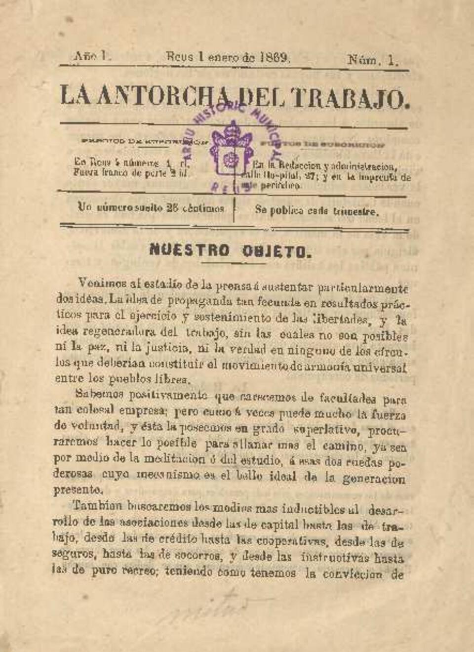 La antorcha del trabajo, n&uacute;m. 1, 1/1/1869 [Exemplar]