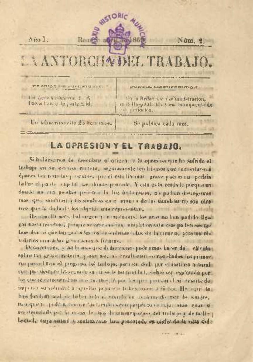 La antorcha del trabajo, n&uacute;m. 2, 1/4/1869 [Exemplar]