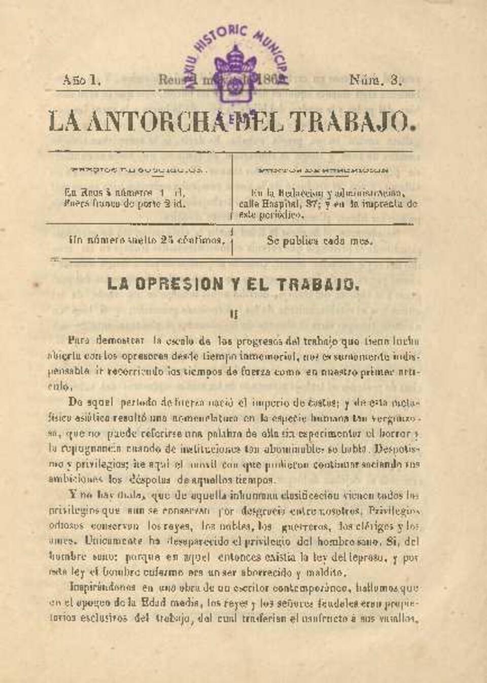 La antorcha del trabajo, n&uacute;m. 3, 1/5/1869 [Exemplar]
