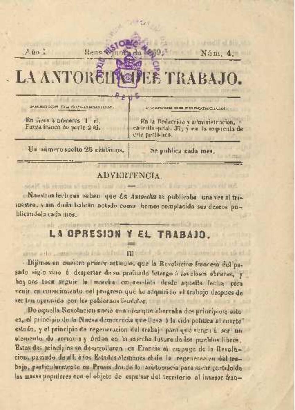 La antorcha del trabajo, n&uacute;m. 4, 1/6/1869 [Exemplar]