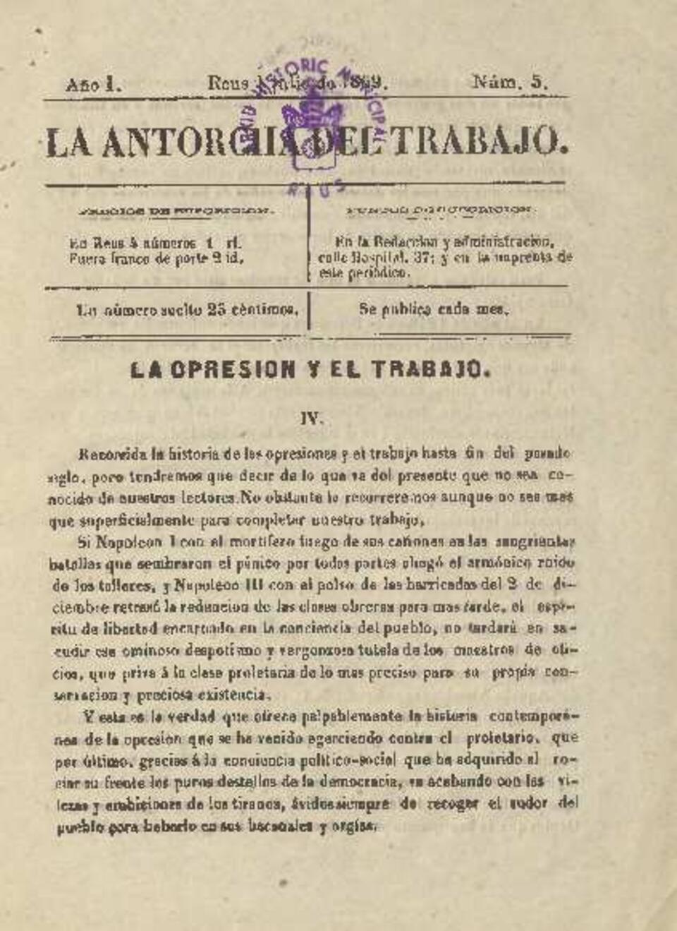 La antorcha del trabajo, n&uacute;m. 5, 1/7/1869 [Exemplar]