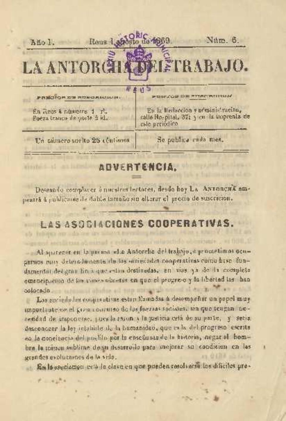La antorcha del trabajo, n&uacute;m. 6, 1/8/1869 [Exemplar]