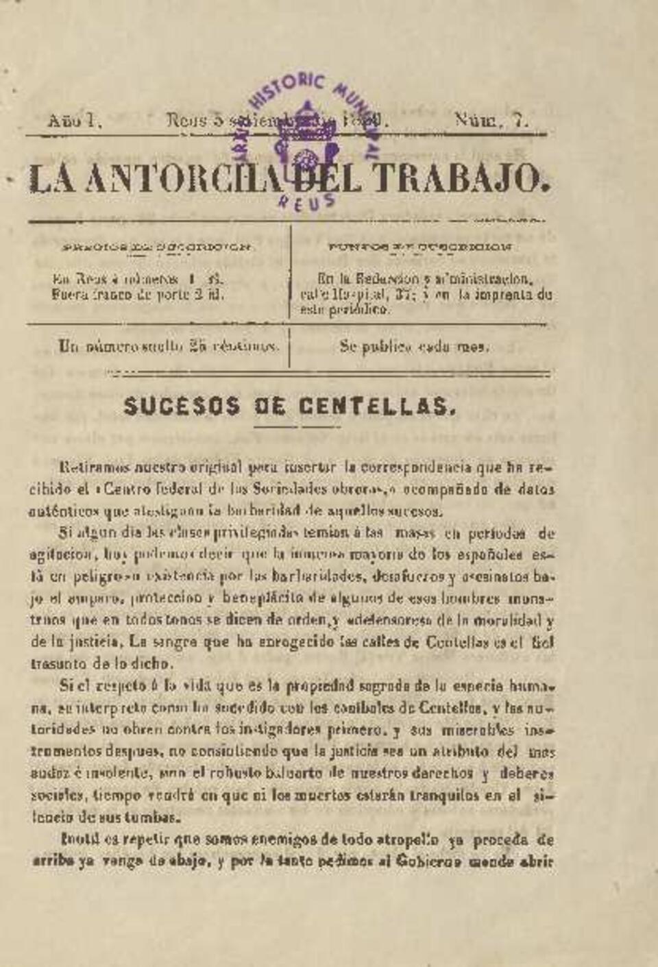 La antorcha del trabajo, n&uacute;m. 7, 1/9/1869 [Exemplar]