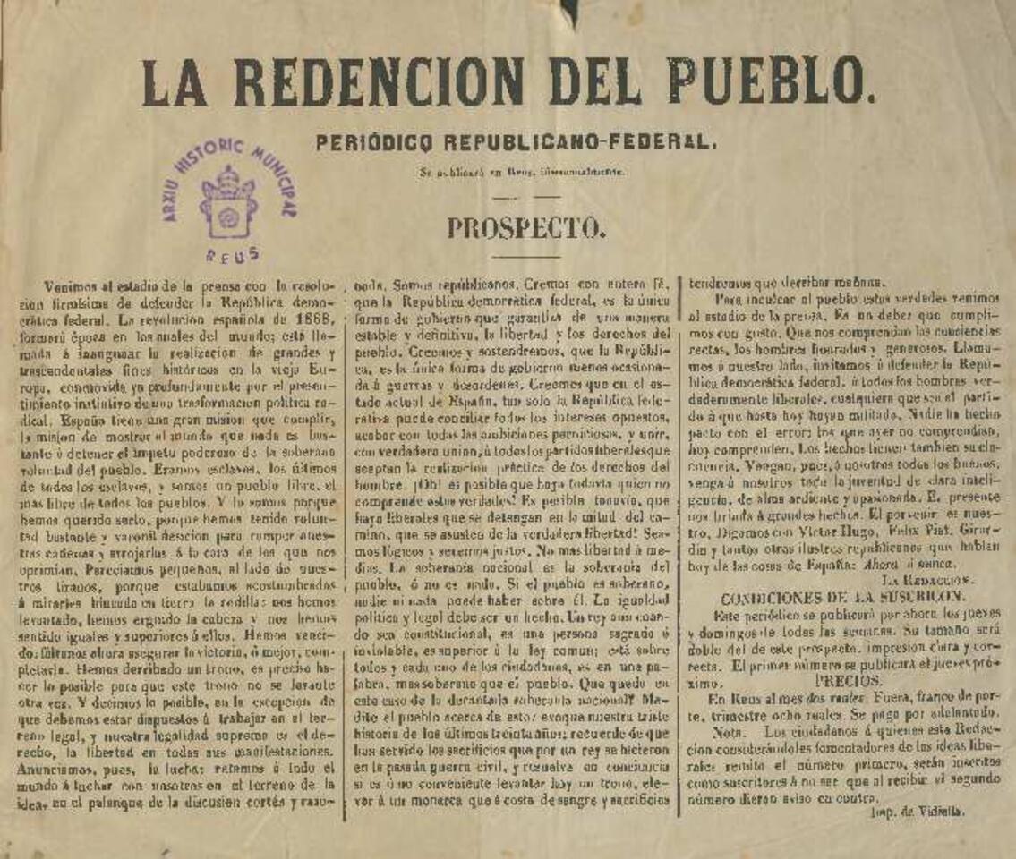 La Redenci&oacute;n del Pueblo, n&uacute;m. 1, 5/11/1868 [Exemplar]
