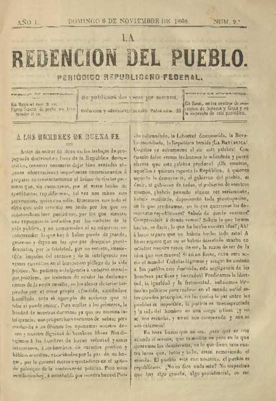 La Redenci&oacute;n del Pueblo, n&uacute;m. 2, 8/11/1868 [Exemplar]