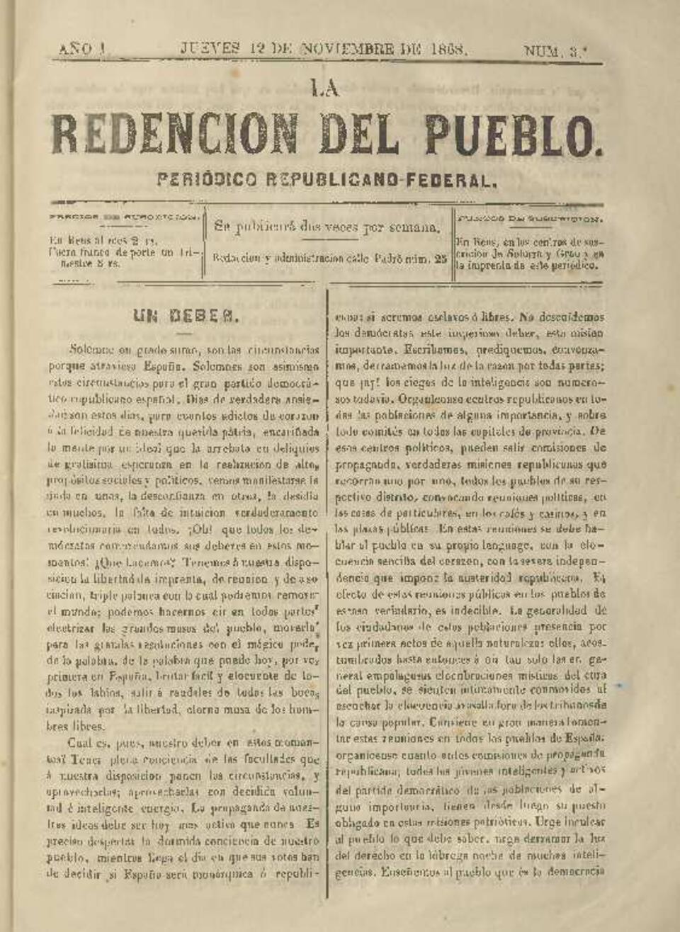 La Redenci&oacute;n del Pueblo, n&uacute;m. 3, 12/11/1868 [Exemplar]