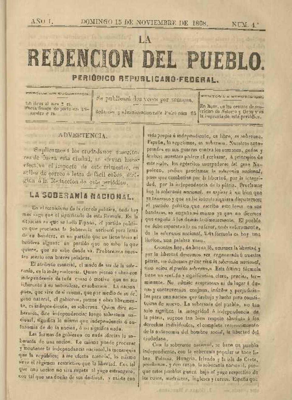 La Redenci&oacute;n del Pueblo, n&uacute;m. 4, 15/11/1868 [Exemplar]
