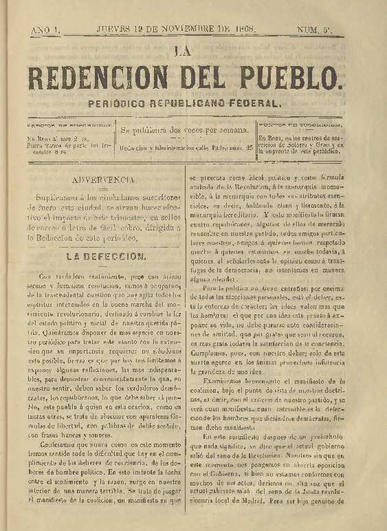 La Redenci&oacute;n del Pueblo, n&uacute;m. 5, 19/11/1868 [Exemplar]
