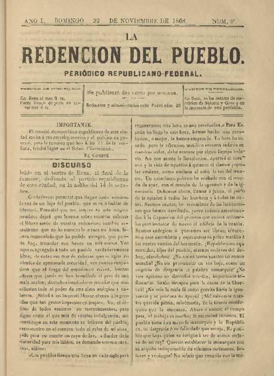 La Redenci&oacute;n del Pueblo, n&uacute;m. 6, 22/11/1868 [Exemplar]