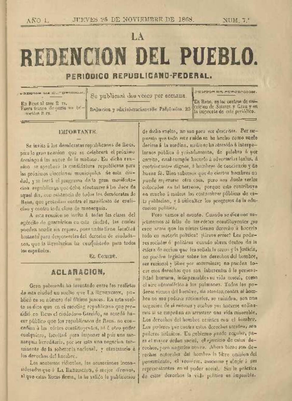 La Redenci&oacute;n del Pueblo, n&uacute;m. 7, 26/11/1868 [Exemplar]