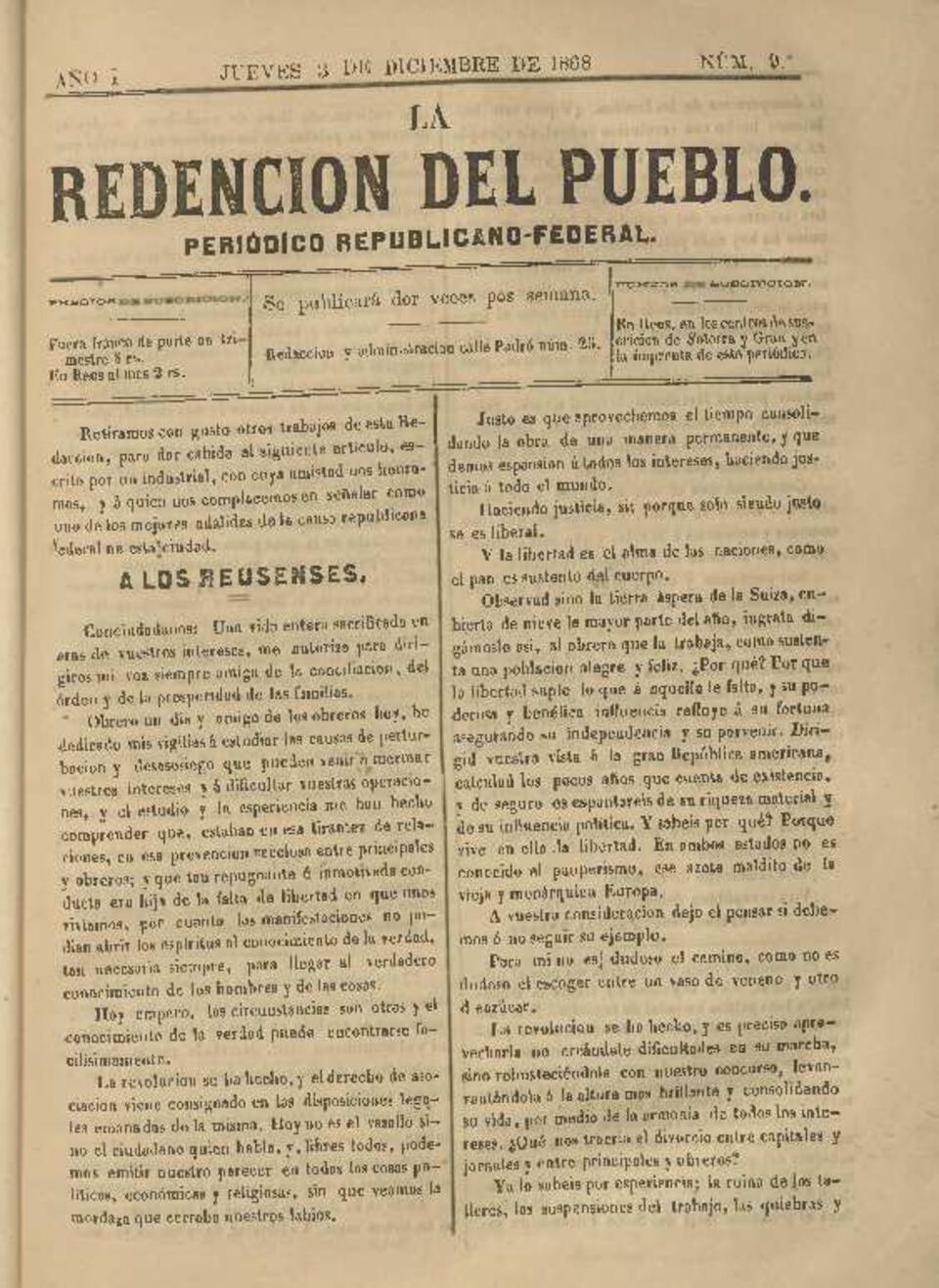 La Redenci&oacute;n del Pueblo, n&uacute;m. 9, 3/12/1868 [Exemplar]