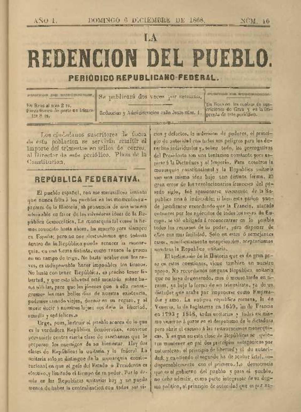 La Redenci&oacute;n del Pueblo, n&uacute;m. 10, 6/12/1868 [Exemplar]