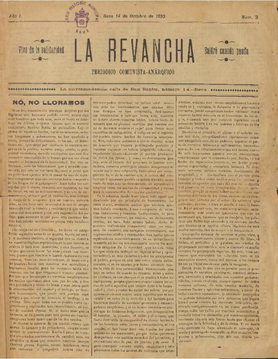 La Revancha, n&uacute;m. 3, 14/10/1893 [Exemplar]