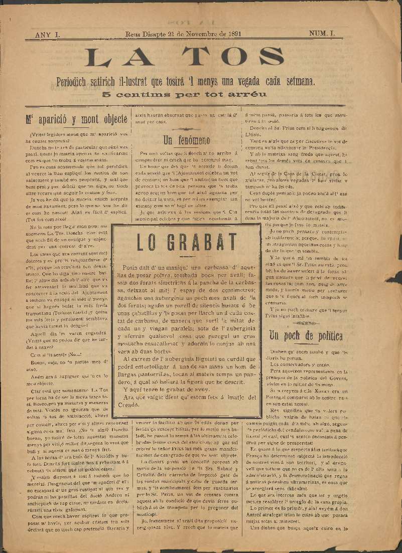 La Tos, n&uacute;m. 1, 21/11/1891 [Exemplar]