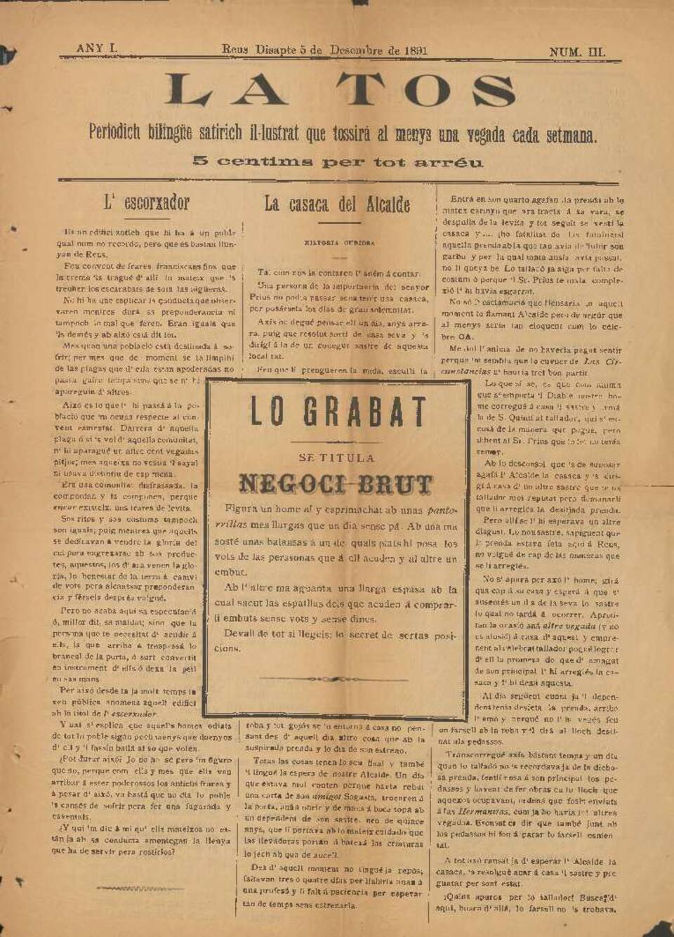La Tos, n&uacute;m. 3, 5/12/1891 [Exemplar]