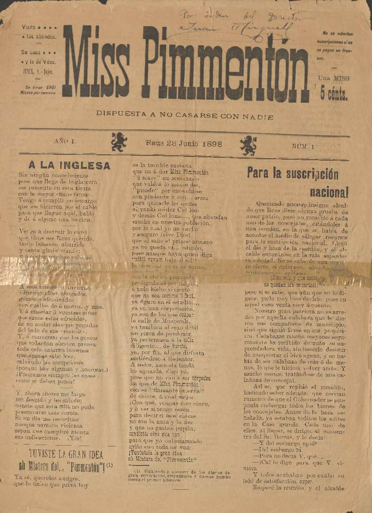 Miss Pimment&oacute;n, n&uacute;m. 1, 23/6/1898 [Exemplar]