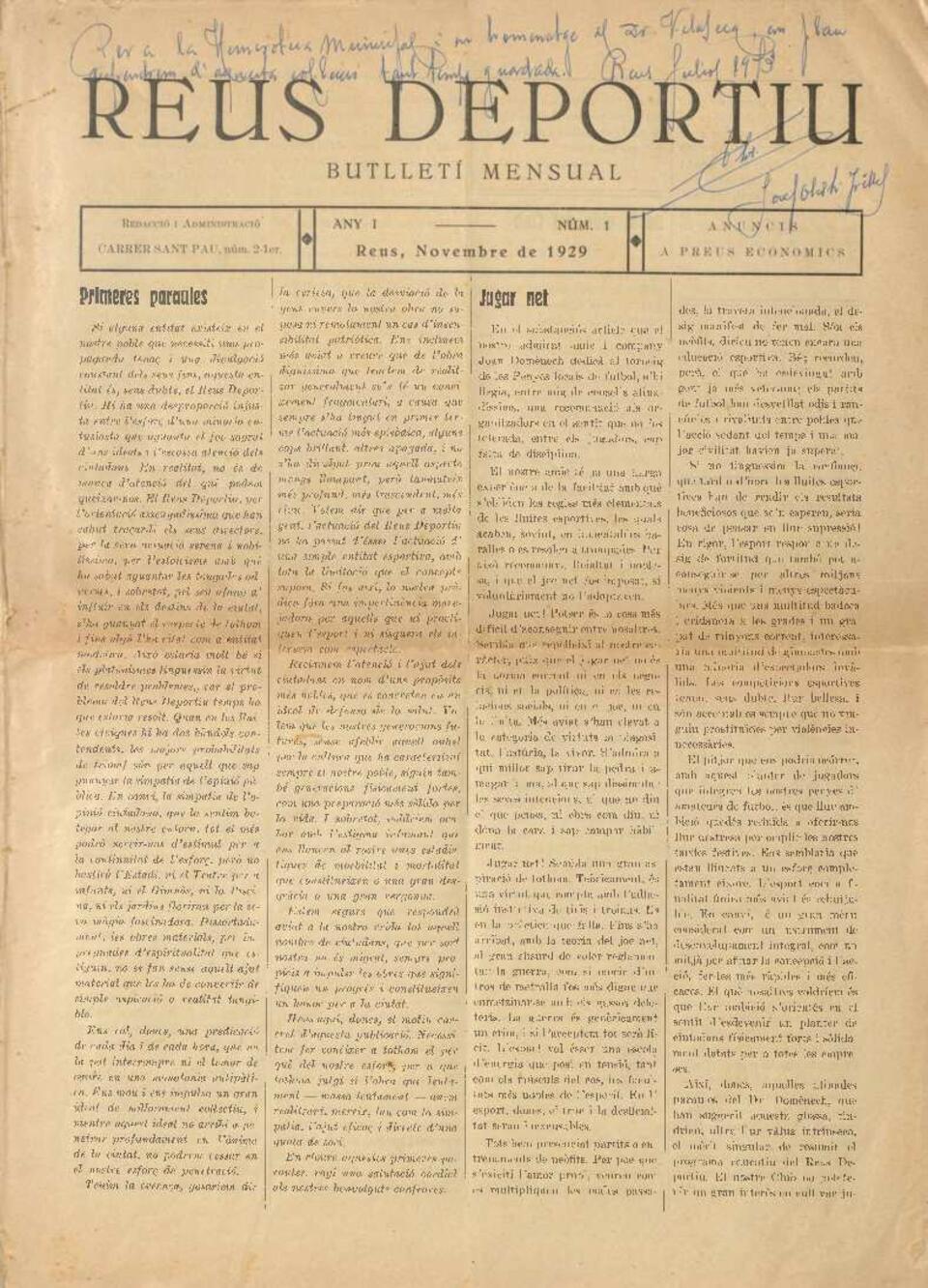 Reus deportiu, n&uacute;m. 1, 1/11/1929 [Exemplar]