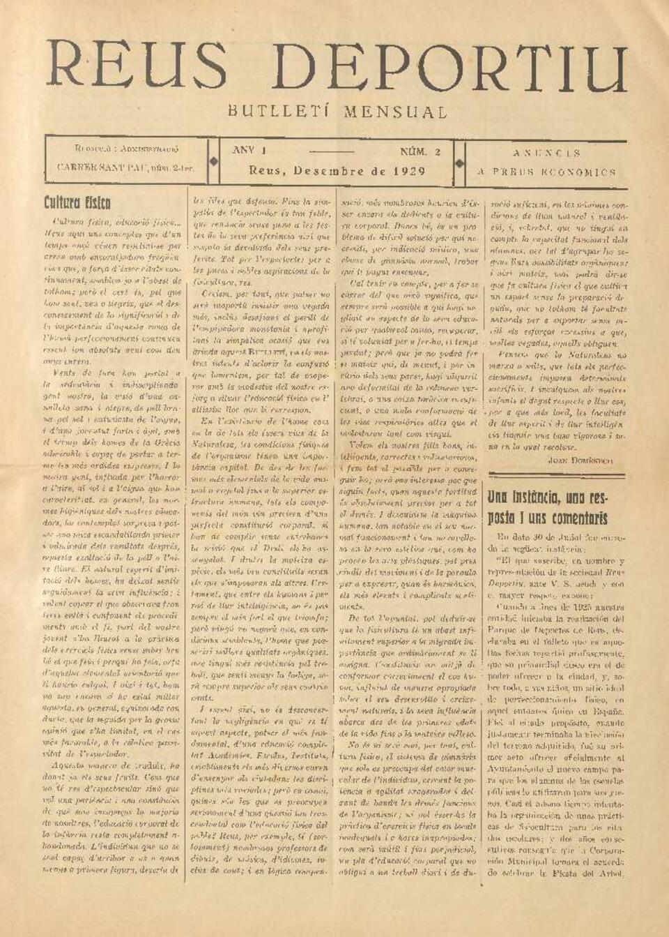 Reus deportiu, n&uacute;m. 2, 1/12/1929 [Exemplar]