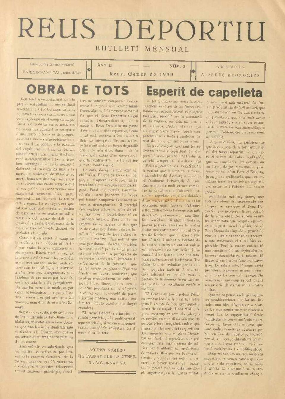 Reus deportiu, n&uacute;m. 3, 1/1/1930 [Exemplar]