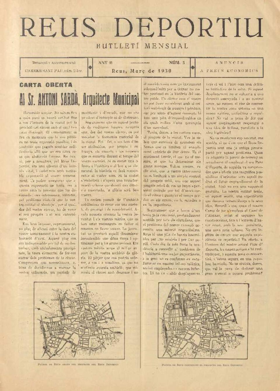 Reus deportiu, n&uacute;m. 5, 1/3/1930 [Exemplar]