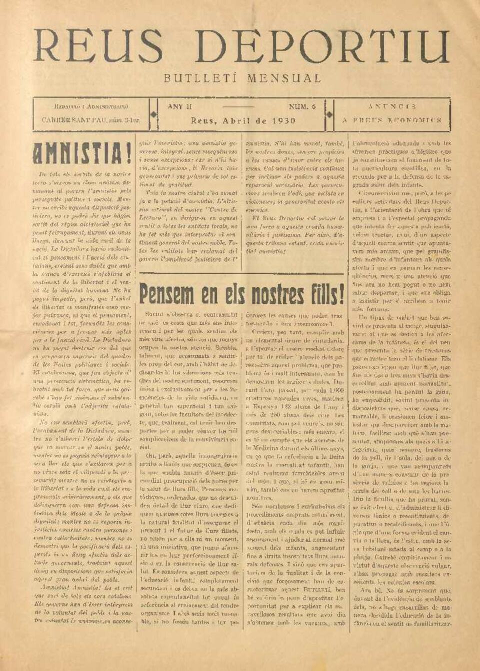 Reus deportiu, n&uacute;m. 6, 1/4/1930 [Exemplar]