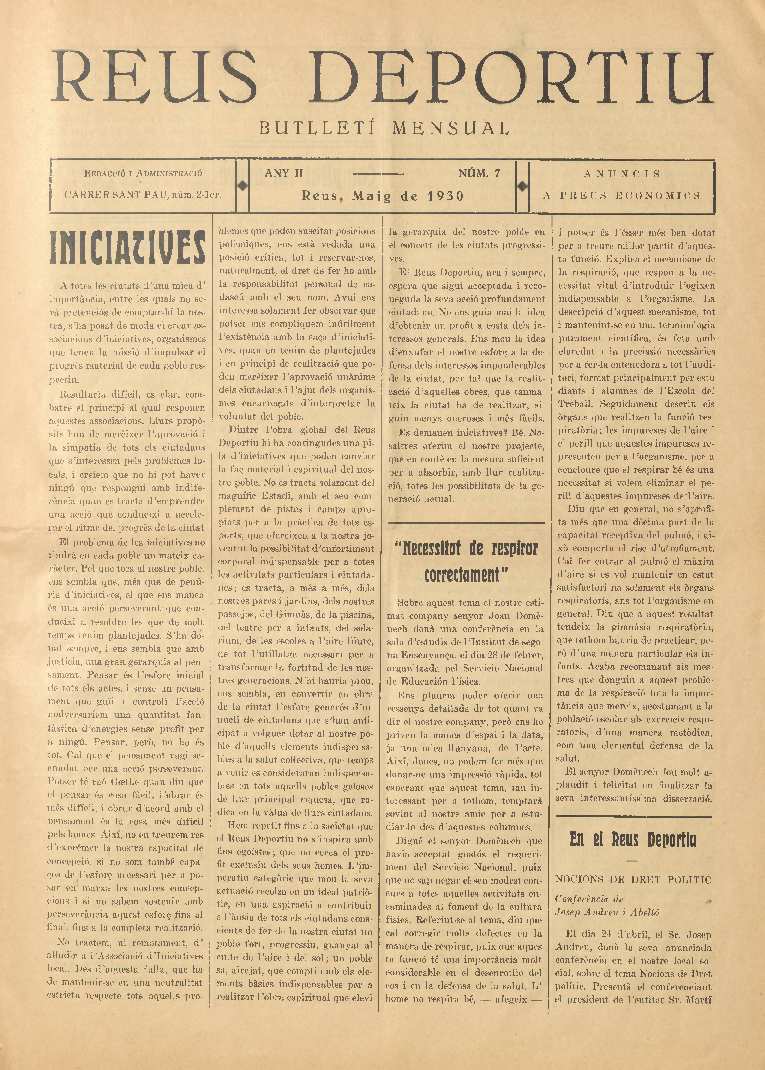 Reus deportiu, n&uacute;m. 7, 1/5/1930 [Exemplar]