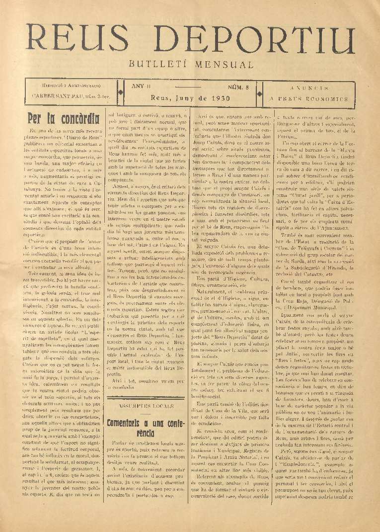 Reus deportiu, n&uacute;m. 8, 1/6/1930 [Exemplar]