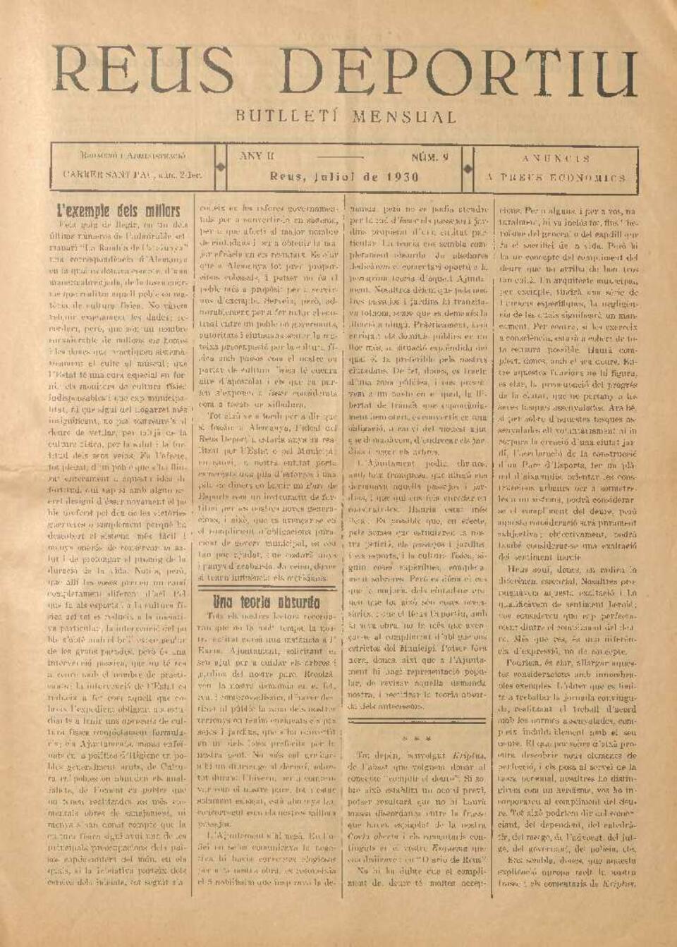 Reus deportiu, n&uacute;m. 9, 1/7/1930 [Exemplar]