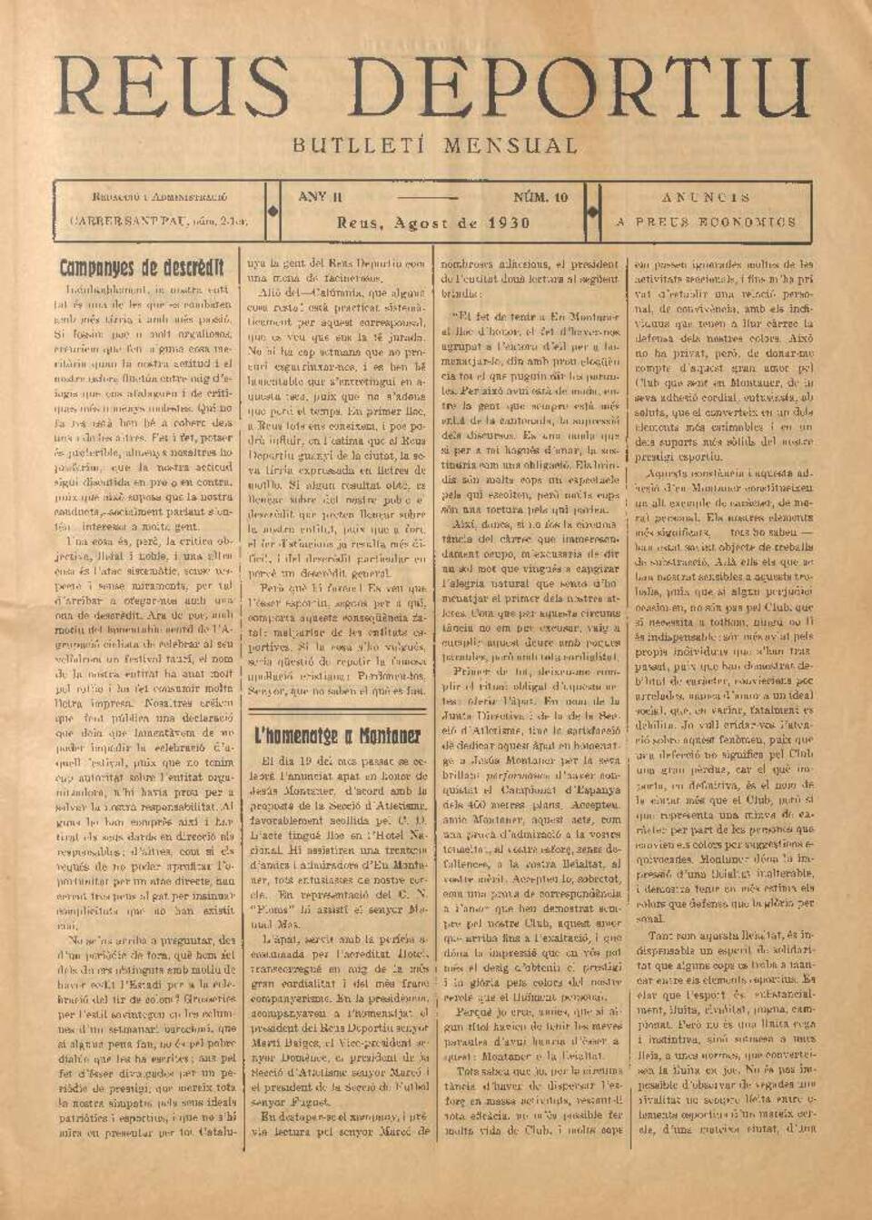 Reus deportiu, n&uacute;m. 10, 1/8/1930 [Exemplar]