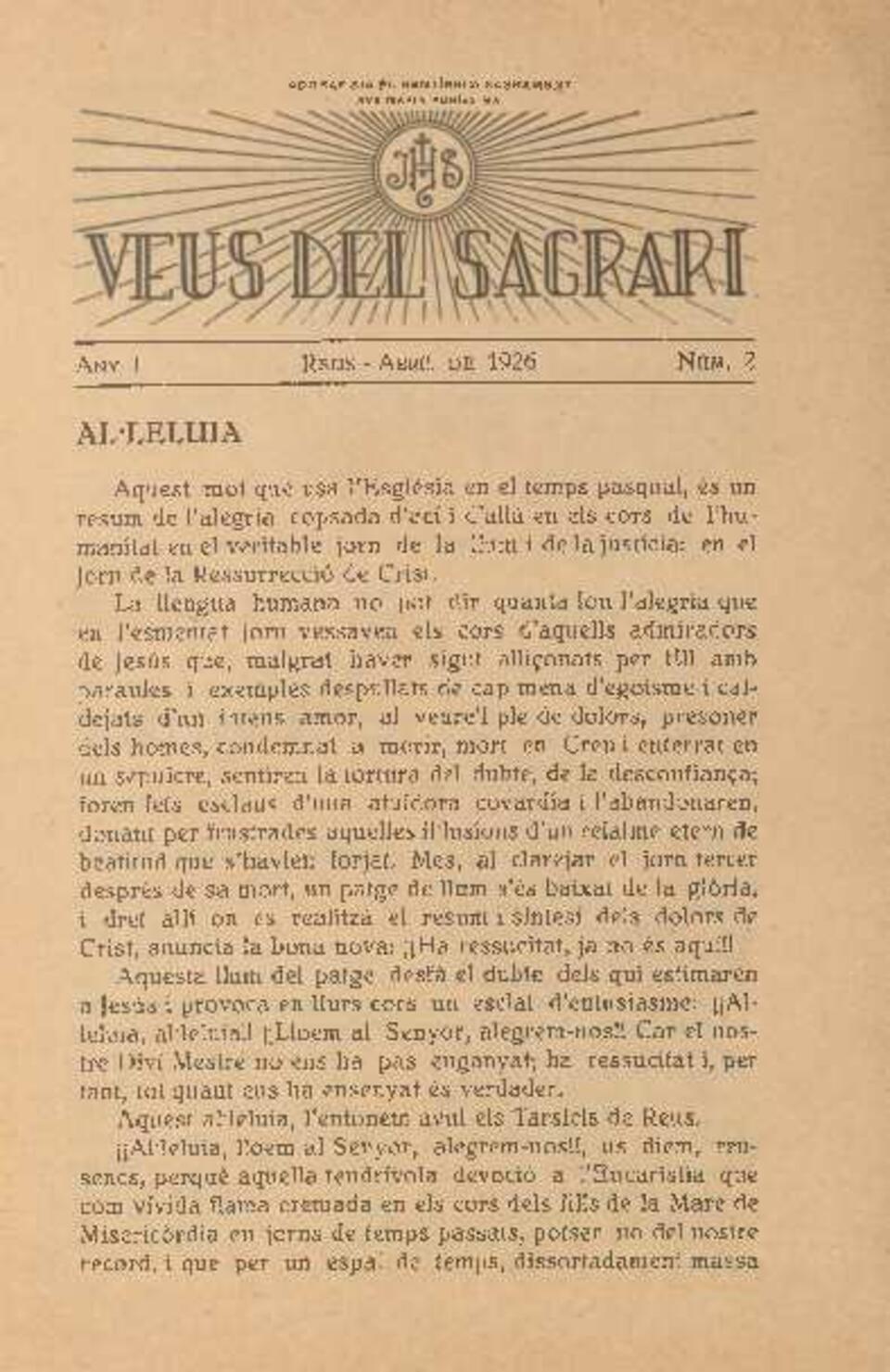 Veus del Sagrari, n.&ordm; 2, 1/4/1926 [Ejemplar]
