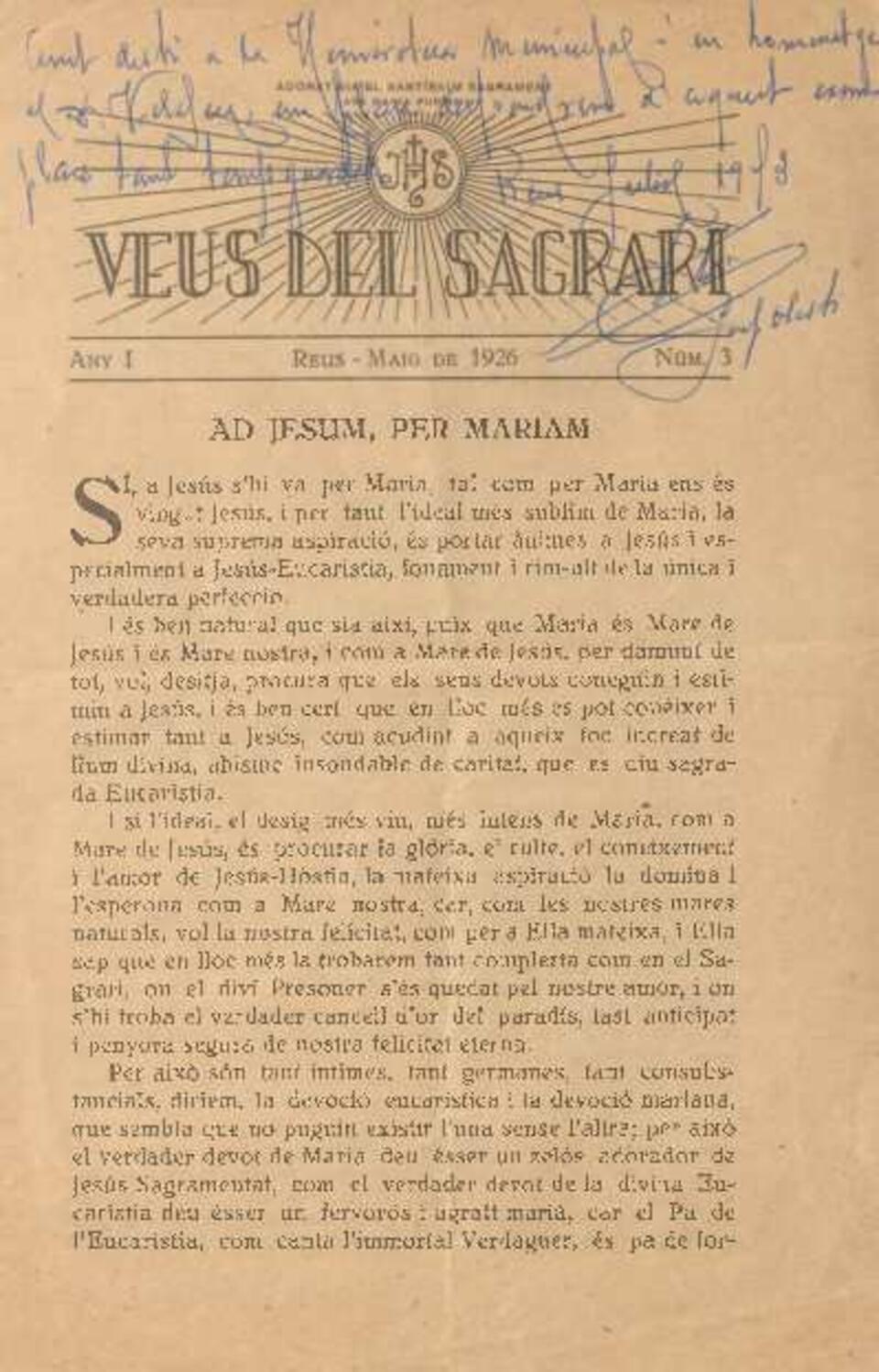 Veus del Sagrari, n.&ordm; 3, 1/5/1926 [Ejemplar]