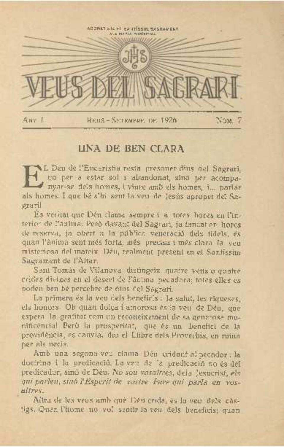 Veus del Sagrari, n.&ordm; 7, 1/9/1926 [Ejemplar]