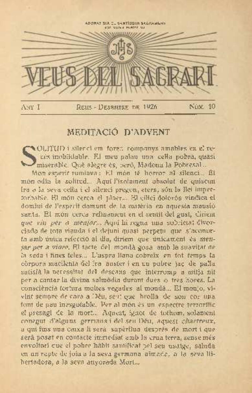 Veus del Sagrari, n.&ordm; 10, 1/12/1926 [Ejemplar]