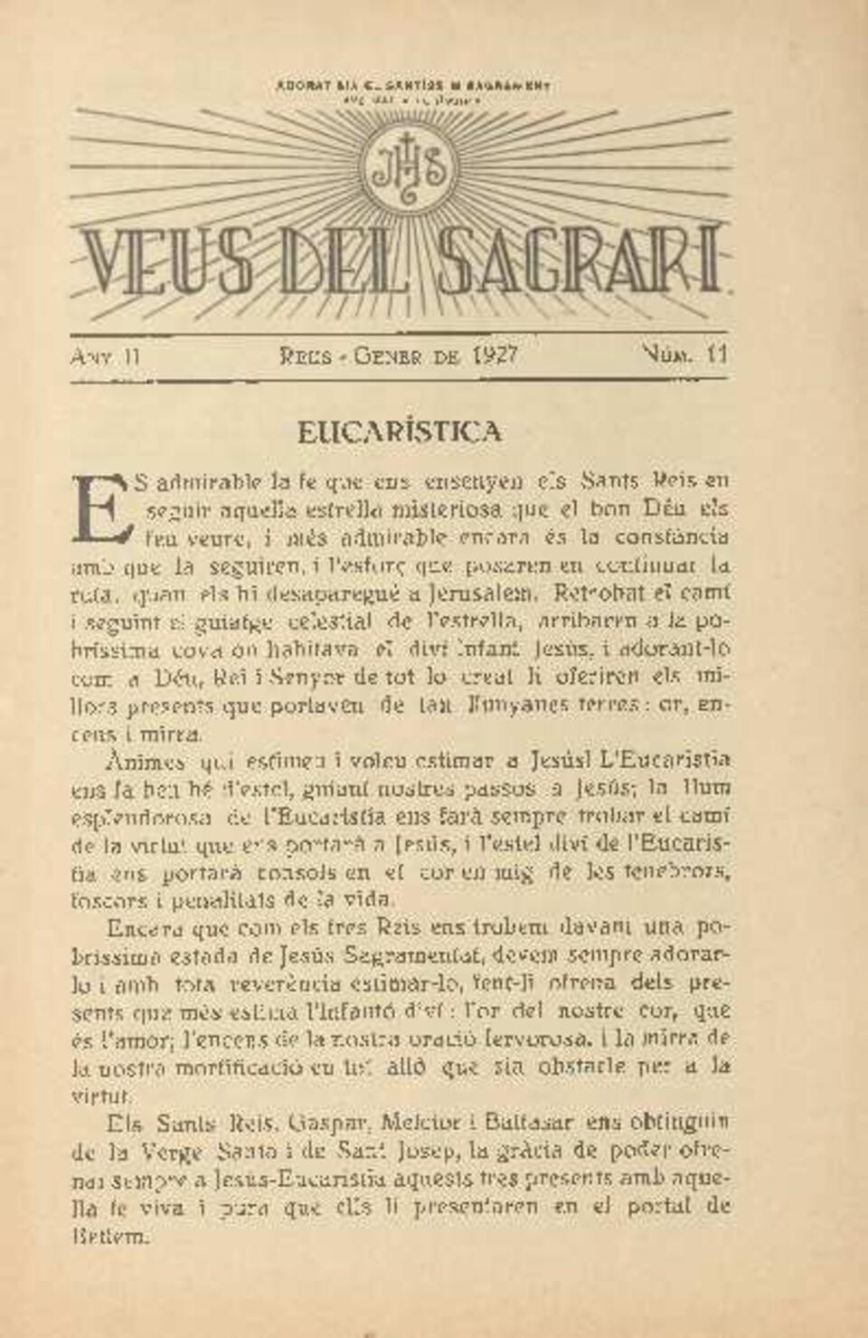 Veus del Sagrari, n.&ordm; 11, 1/1/1927 [Ejemplar]