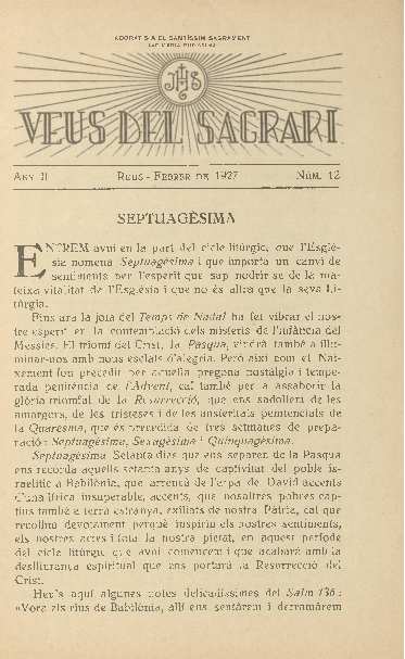 Veus del Sagrari, n.&ordm; 12, 1/2/1927 [Ejemplar]