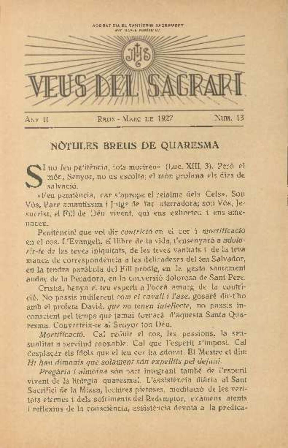 Veus del Sagrari, n.&ordm; 13, 1/3/1927 [Ejemplar]