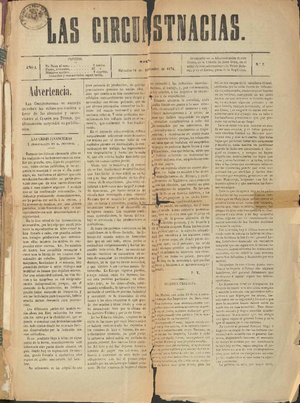 Las Circunstancias, n&uacute;m. 2, 16/12/1874 [Exemplar]