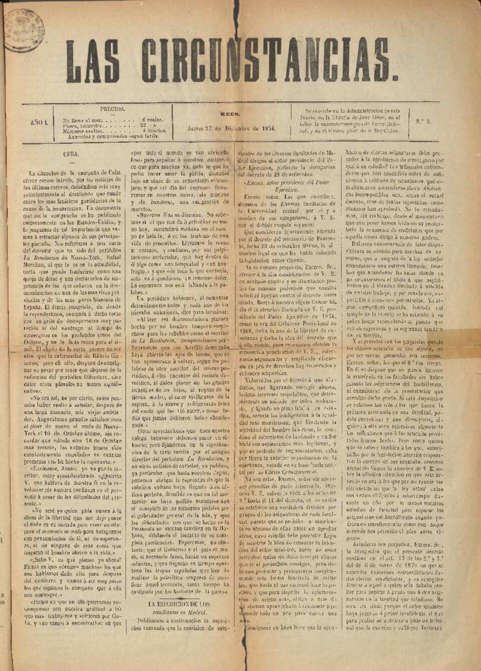 Las Circunstancias, n&uacute;m. 3, 17/12/1874 [Exemplar]
