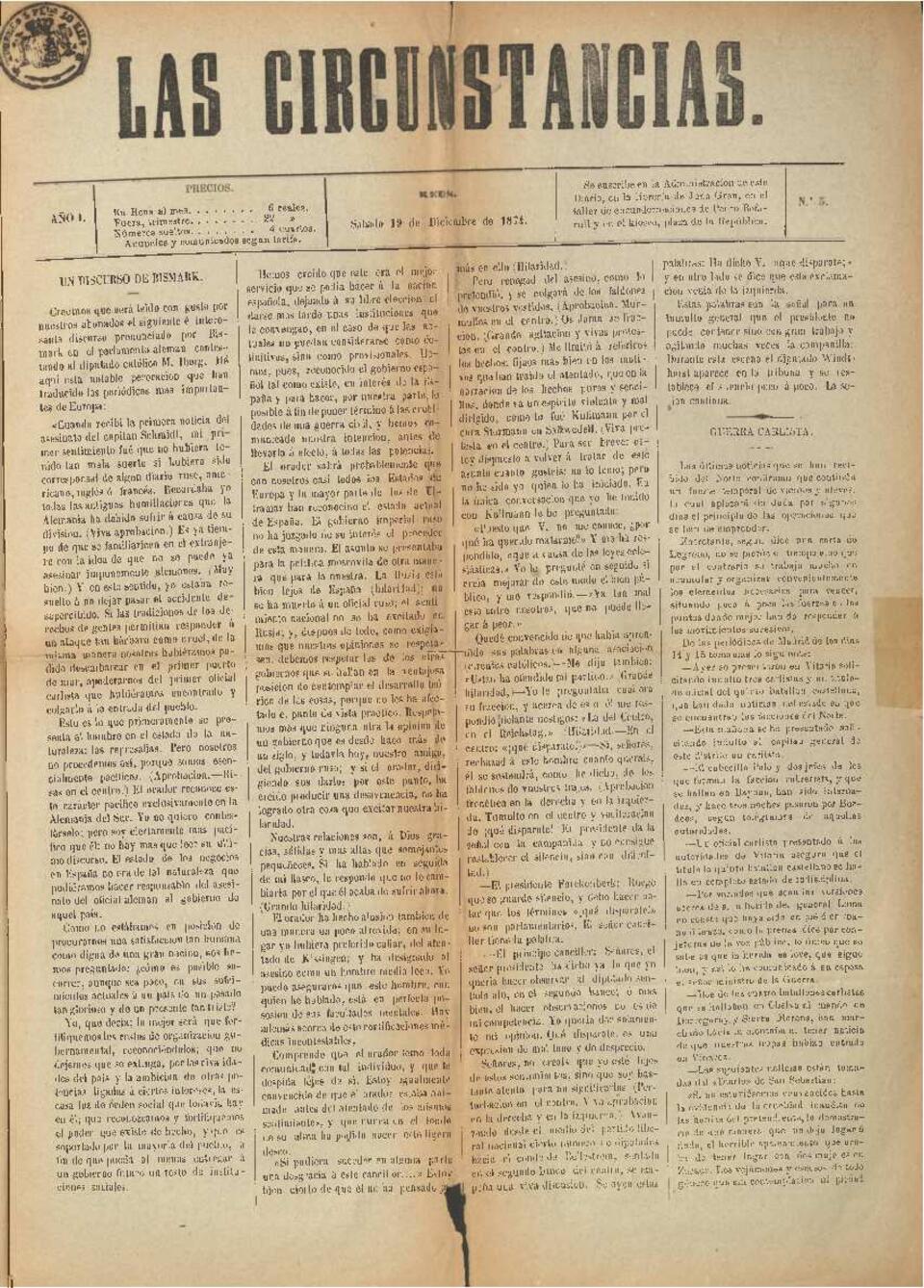 Las Circunstancias, n&uacute;m. 5, 19/12/1874 [Exemplar]